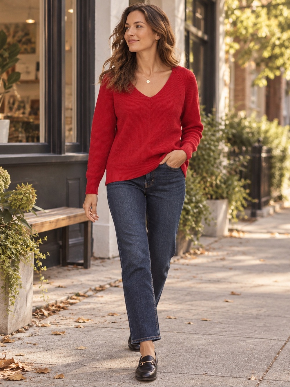 Athleta Hanover V-Neck Sweater Canyon Red Small Merino Wool